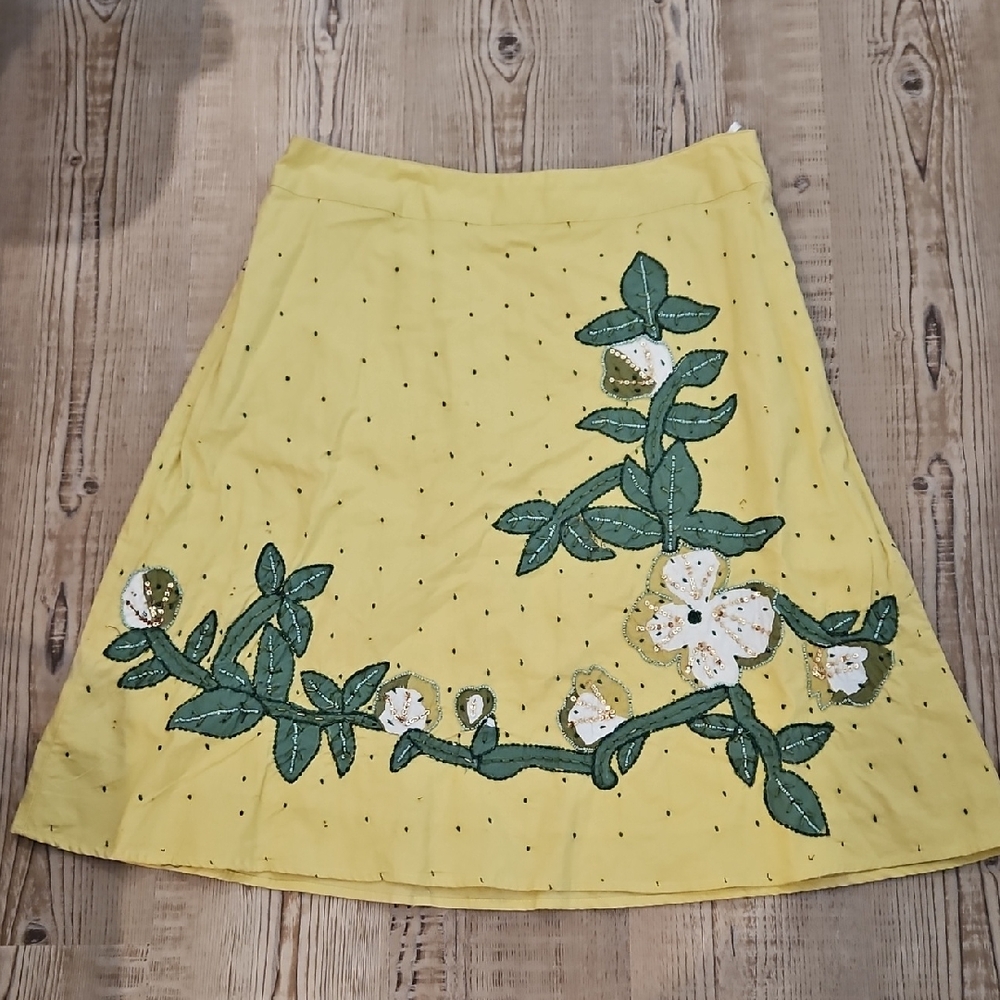 Persaman New York Yellow A-Line Skirt with Green Floral Appliqué